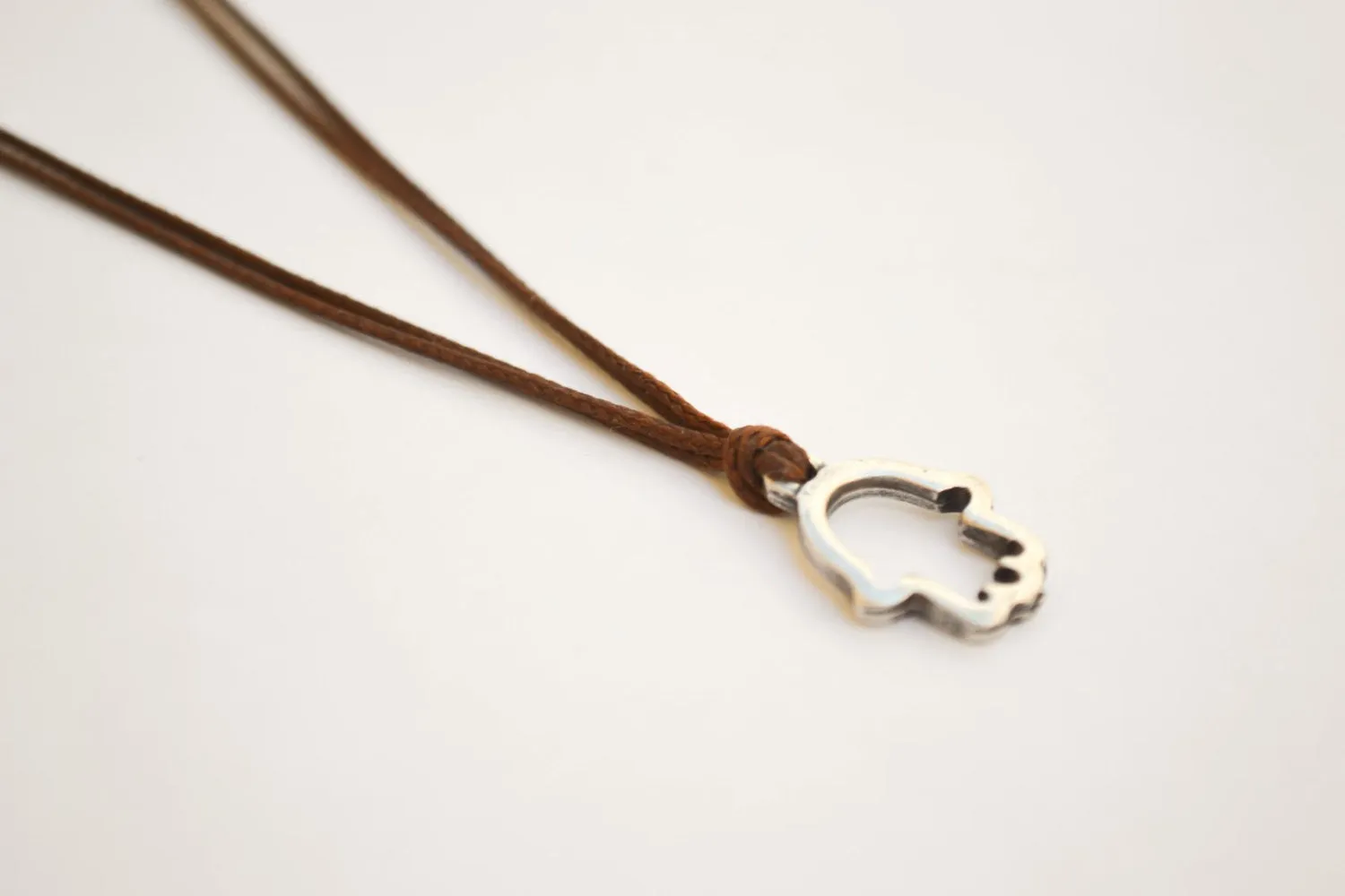 Silver Hamsa necklace for men, brown cord, Jewish jewelry